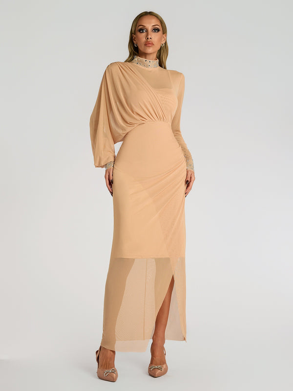 Faris Rhinestone Ruched Maxi Dress