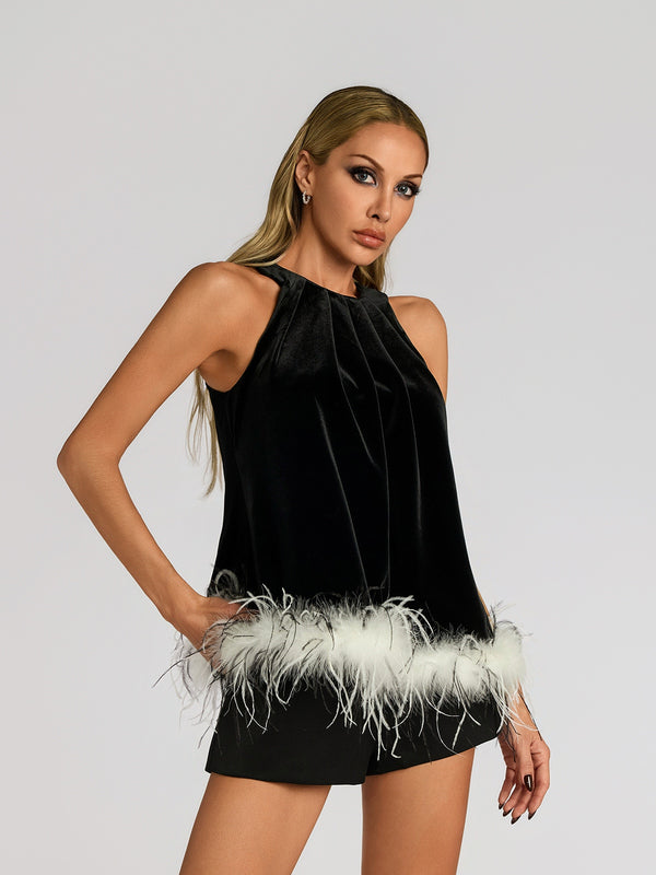Farrukh Halterneck Feather Velvet Top