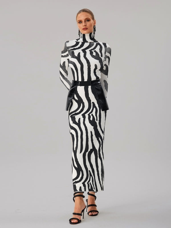 Farrux High Neck Zebra Printed Knit Skirt Set