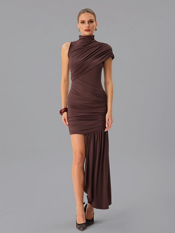 Fauna High Neck Ruched Asymmetric Dress