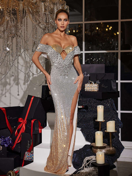 Mew Mews Fawon Off Shoulder Cutout Sequin Maxi Dress
