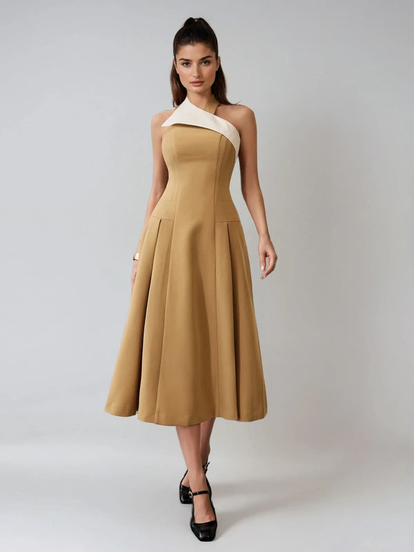 Fazrik Halterneck Midi Dress In Toast Tan