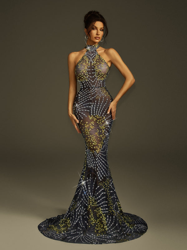 Fenris Crystal Mesh Mermaid  Maxi Dress