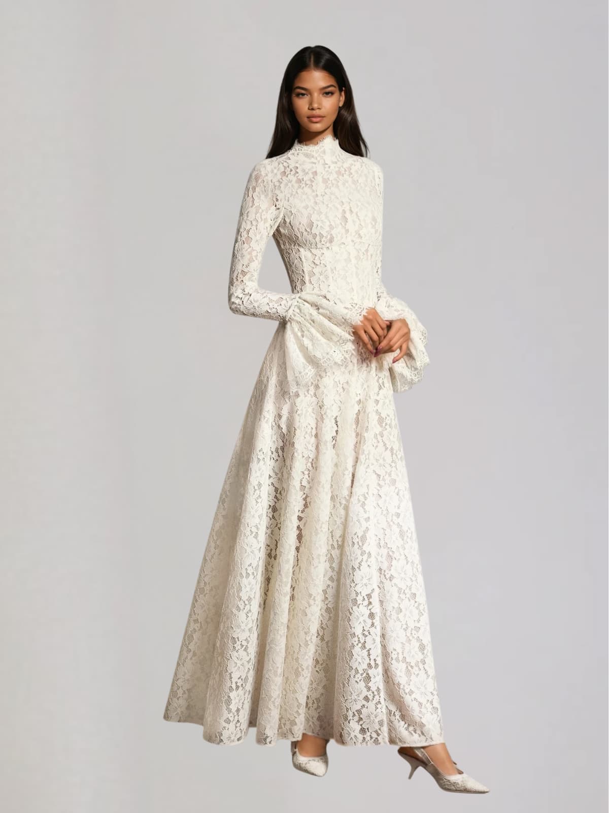 lace bell sleeve maxi dress Mew Mews Ferith Size:US 8 / EU 40 / UK 12 color:payoda-dress-black swatch:https://www.motelrocks.com/cdn/shop/files/Payoda-Bandeau-Mini-Dress-in-Black-_13_D.jpg?v=1694763963&width=100 Off-White Long White Lace with shadow and dimension