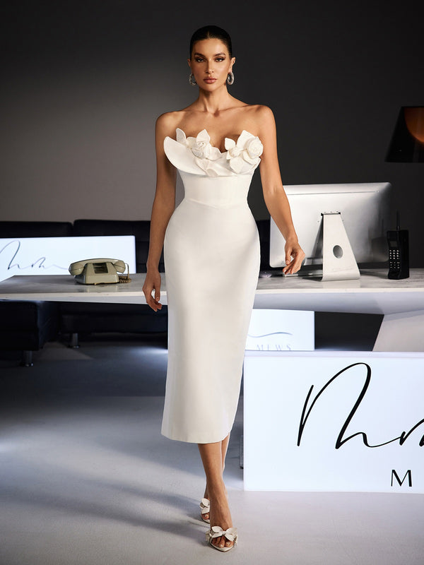 Feruza Strapless Flower Bodycon Midi Dress