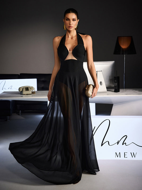 Fevzi Halterneck Mesh Maxi Dress