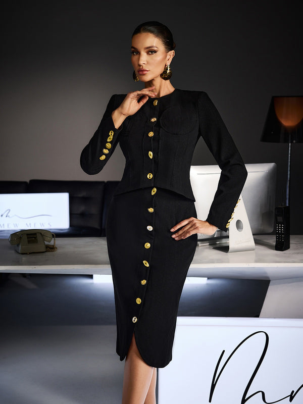 Fevziye Long Sleeve Button Lace Up Skirt Set