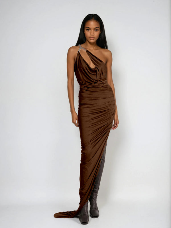 Feyren One Shoulder Split Maxi Dress In Brown