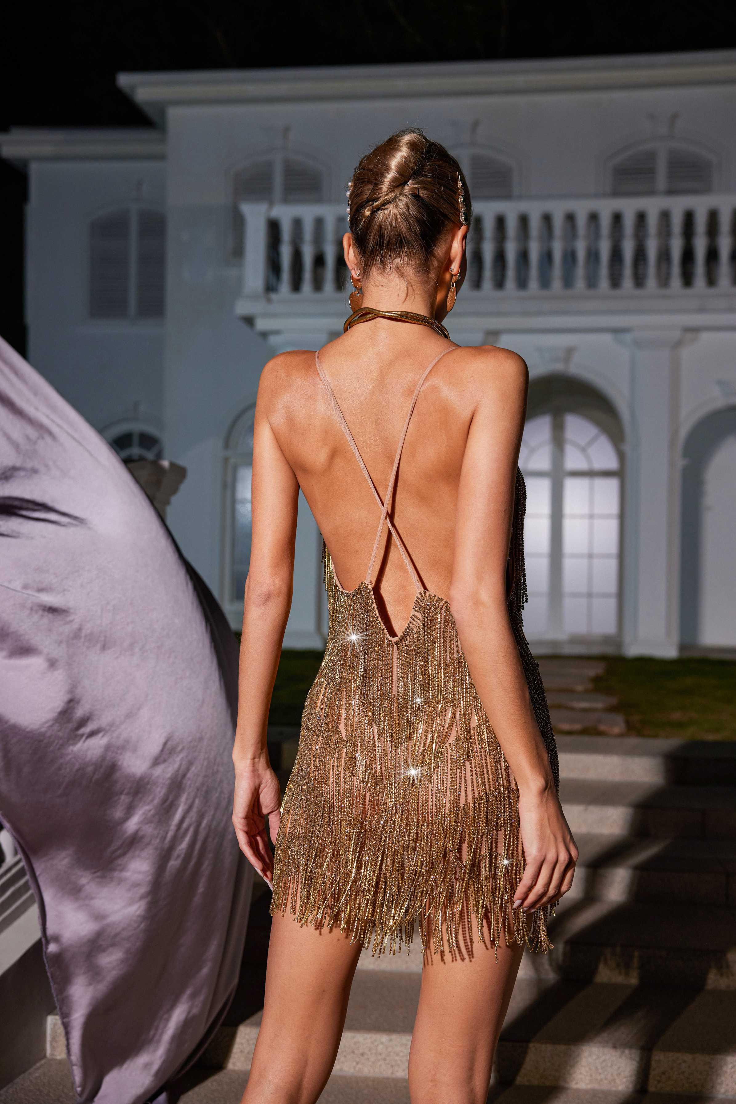 Mew Mews Fiadh Crystal Chain Fringe Mesh Mini Dress In Gold Mew Mews Fiadh Crystal Chain Fringe Mesh Mini Dress In Gold