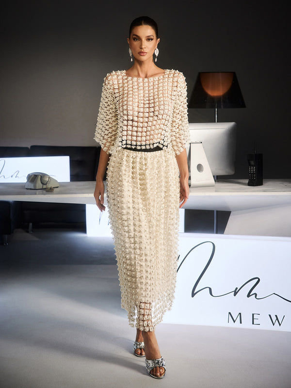 Fiadh Round Neck Pearl Knitted Skirt Set