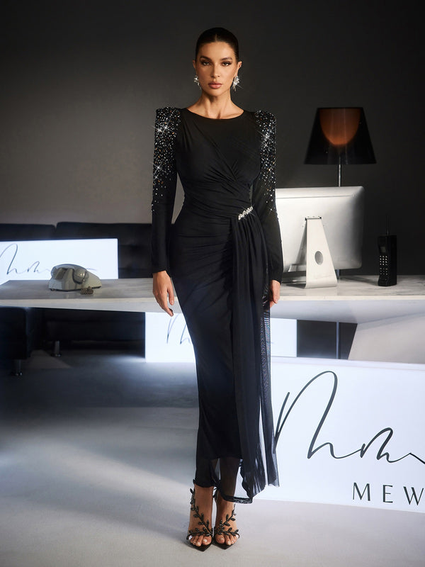 Fianna Long Slevee Ruched Rhinestone Maxi Dress