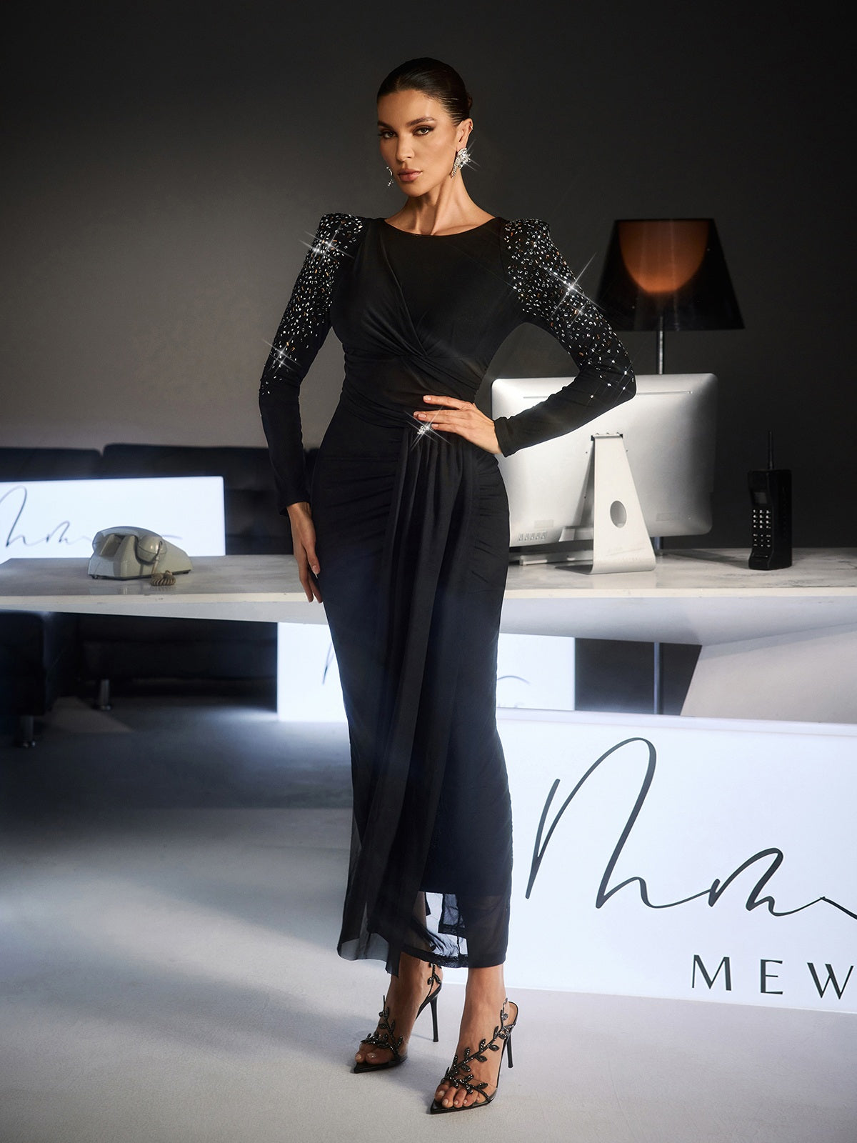 Mew Mews Fianna Long Slevee Ruched Rhinestone Maxi Dress
