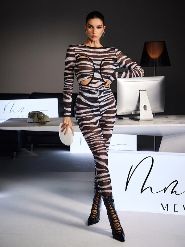 Fidela Long Slevee Zebra Cutout Jumpsuit