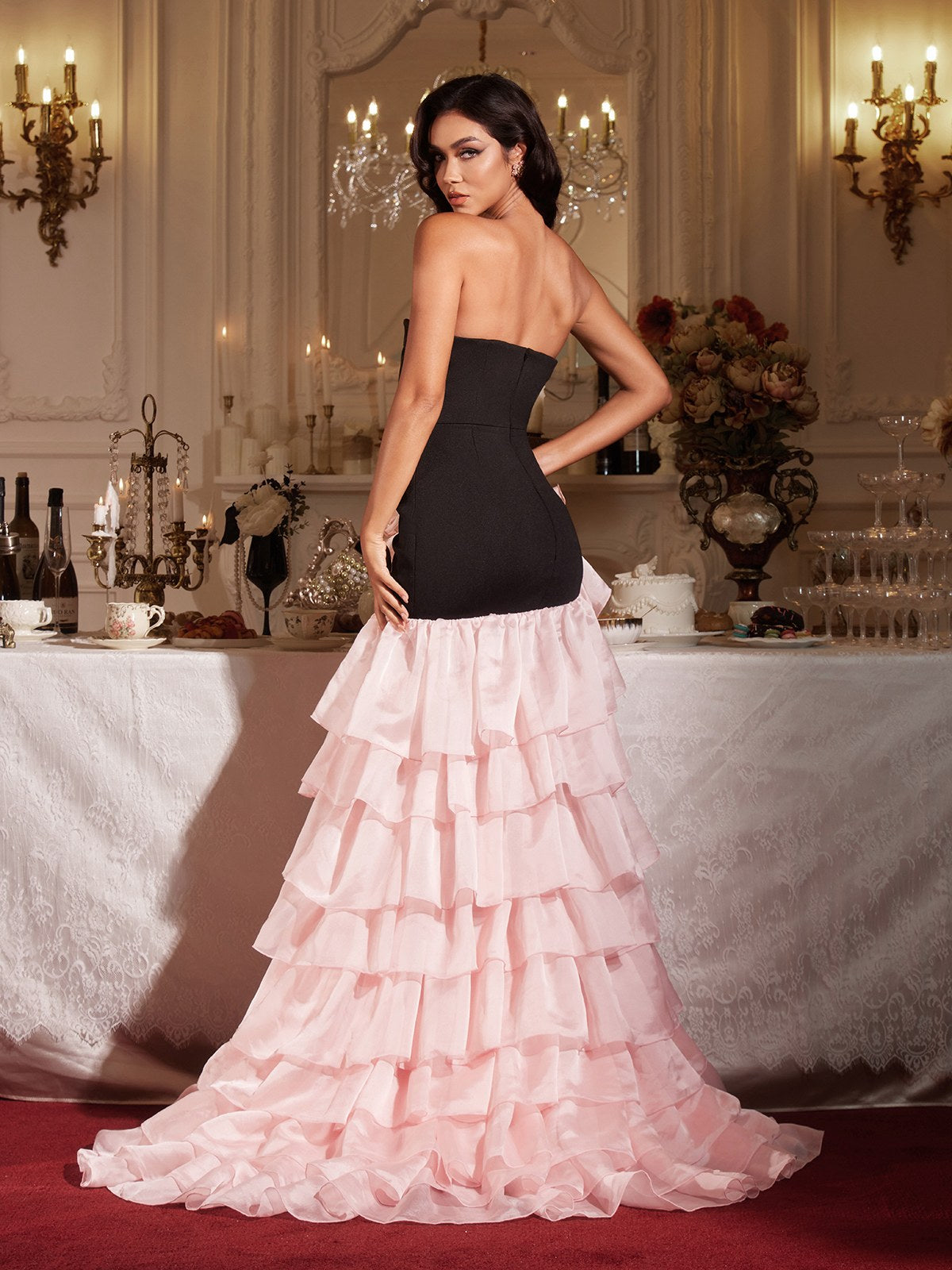 Mew Mews Filib Strapless Flower Ruffle Tiered Maxi Dress