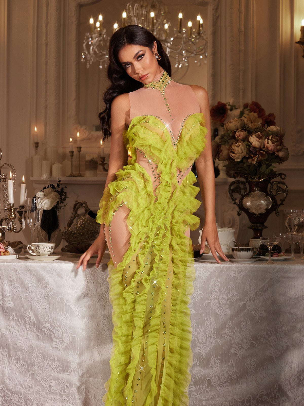 high neck ruffle maxi dress Mew Mews Finnick High Neck Rhinestone Ruffle Maxi Dress In Chartreuse