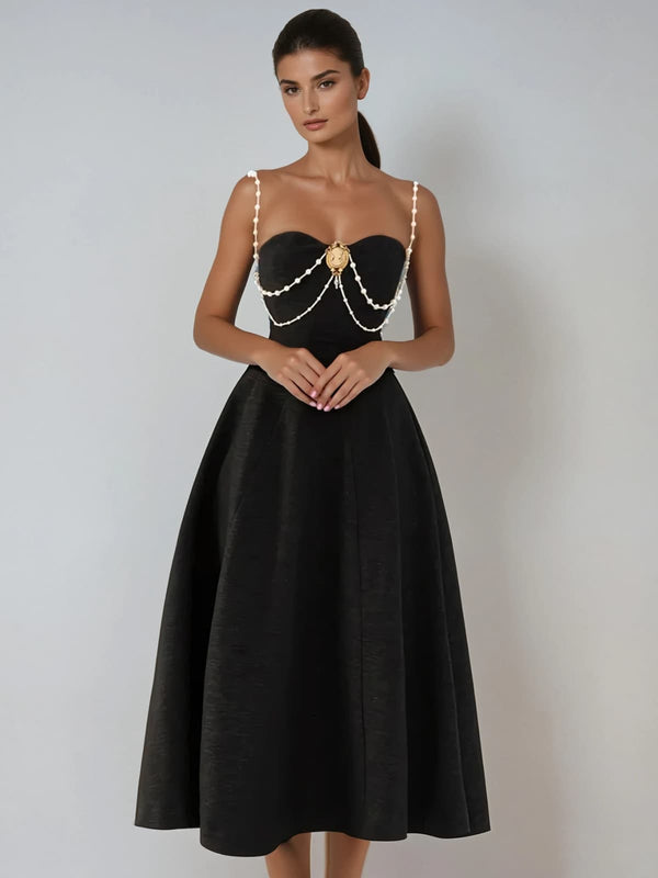 Fioritar Spaghetti Pearl Chain Bandage Midi Dress