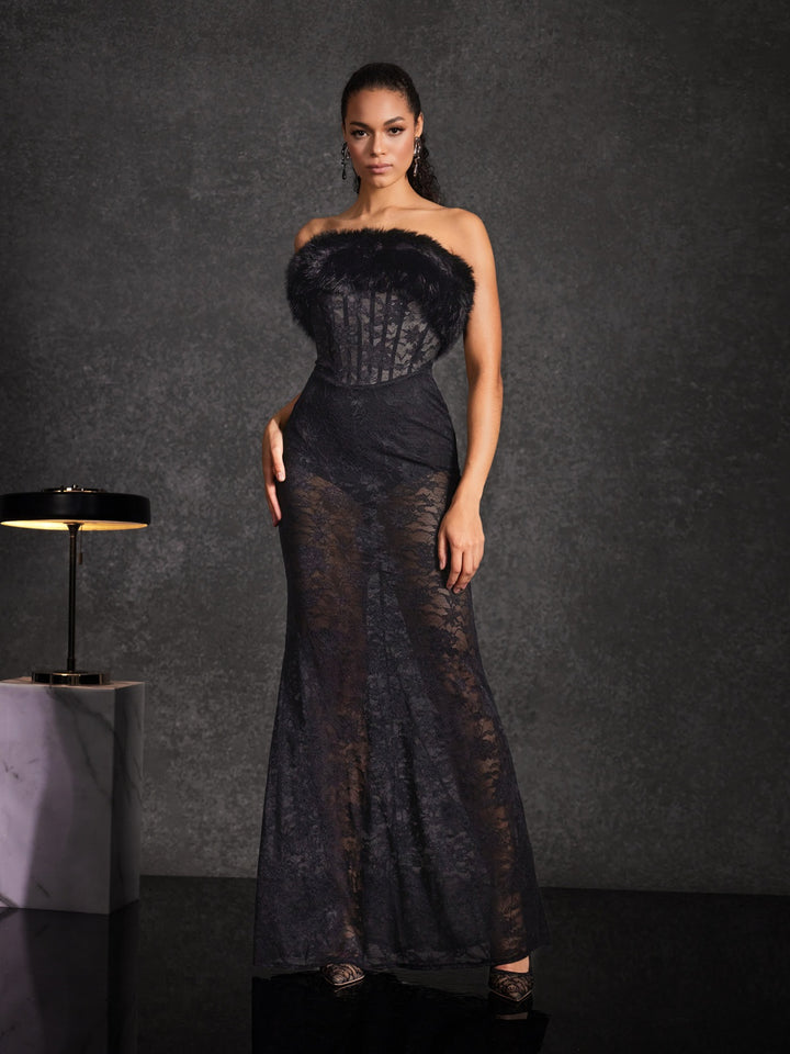 Floella Strapless Faux Fur Lace Maxi Dress  Mew Mews