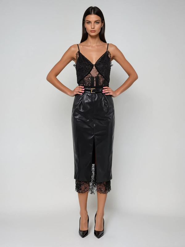 Frazilor Spaghetti Lace Leather Midi Dress