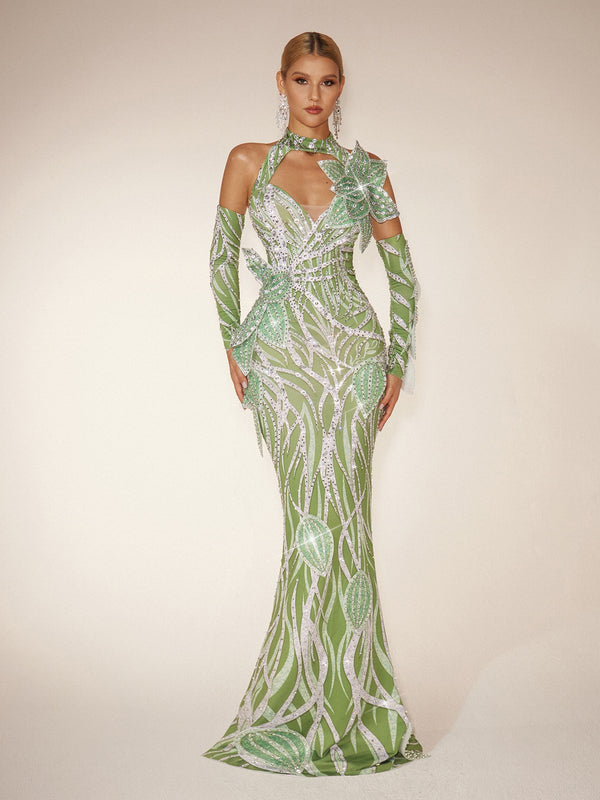 Fresnel Leaf Diamond Maxi Dress With Arm Sleeves