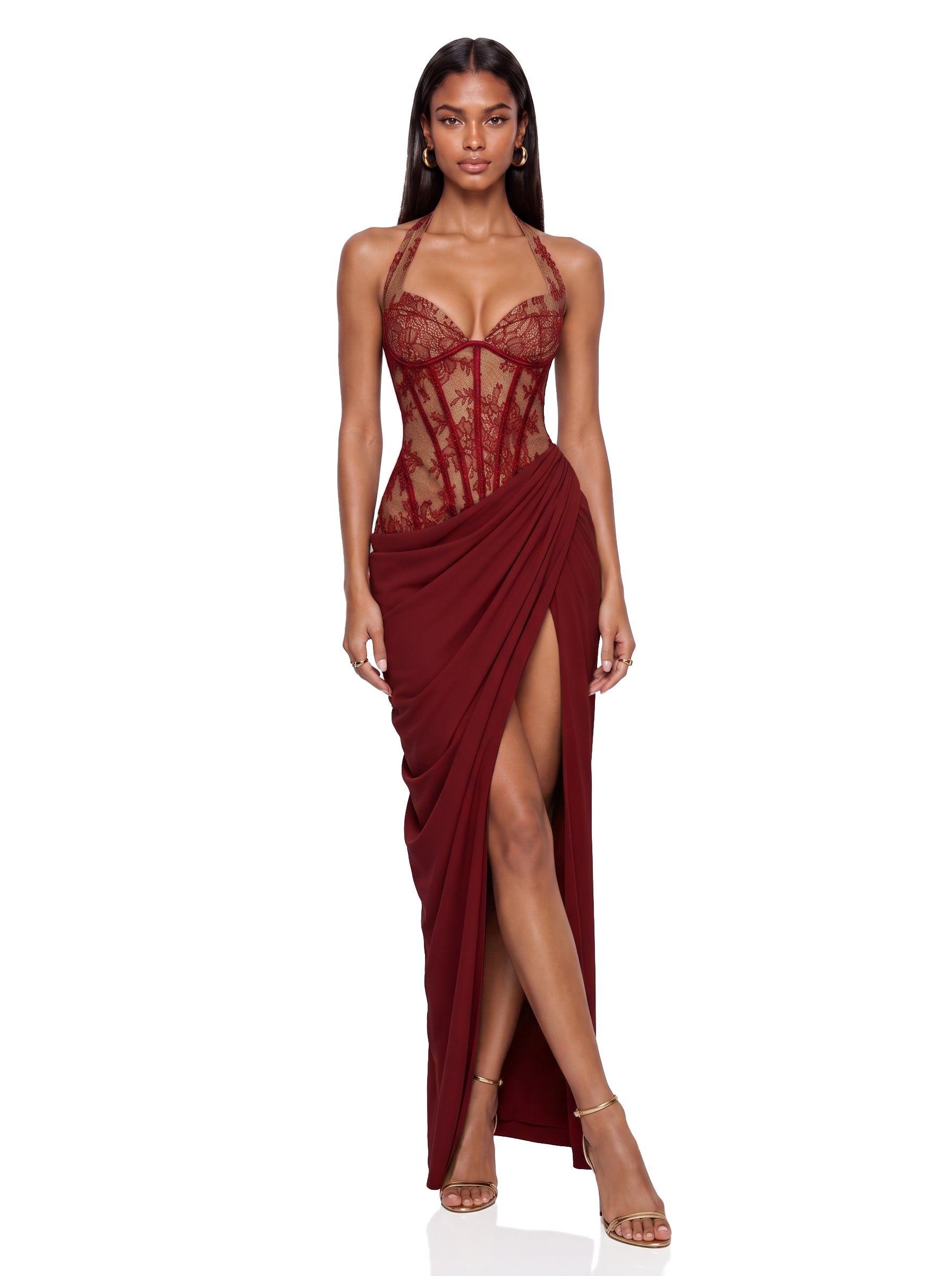 Fujiye Halterneck Lace Corset Split Dress In Wine – Mew Mews