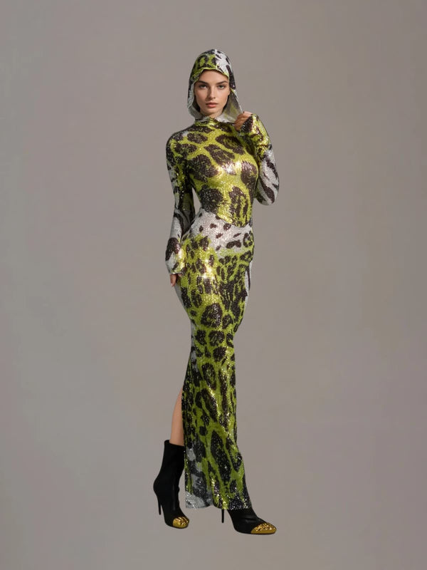 Fulgurix Hooded Animal Printed Sequin Maxi Dress