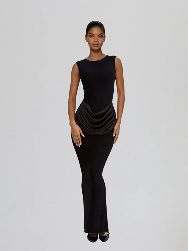 Fumidia Sleeveless Ruched Satin Maxi Dress In Black
