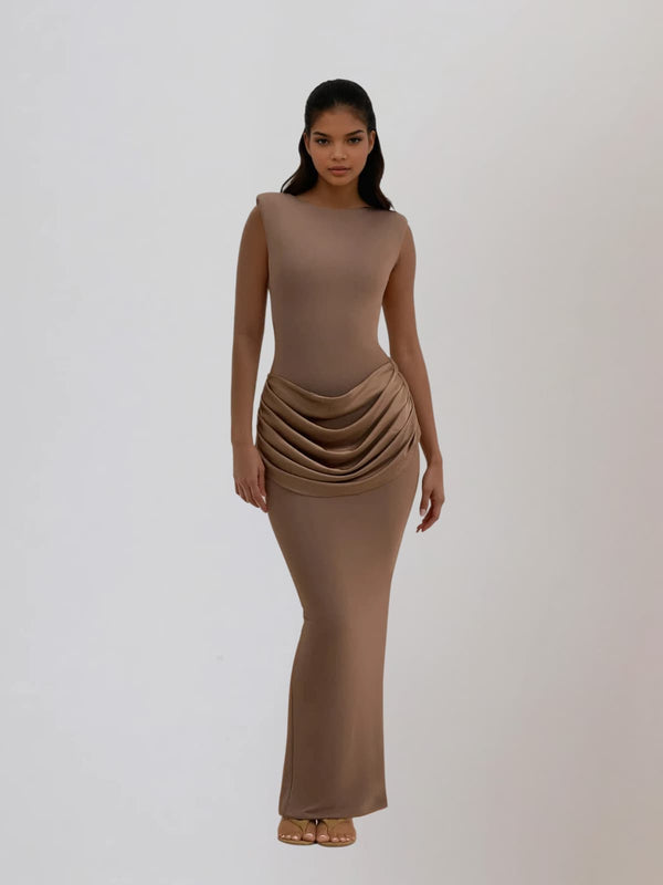 Fumidia Sleeveless Ruched Satin Maxi Dress In Light Brown