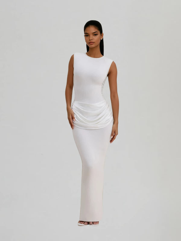 Fumidia Sleeveless Ruched Satin Maxi Dress In White
