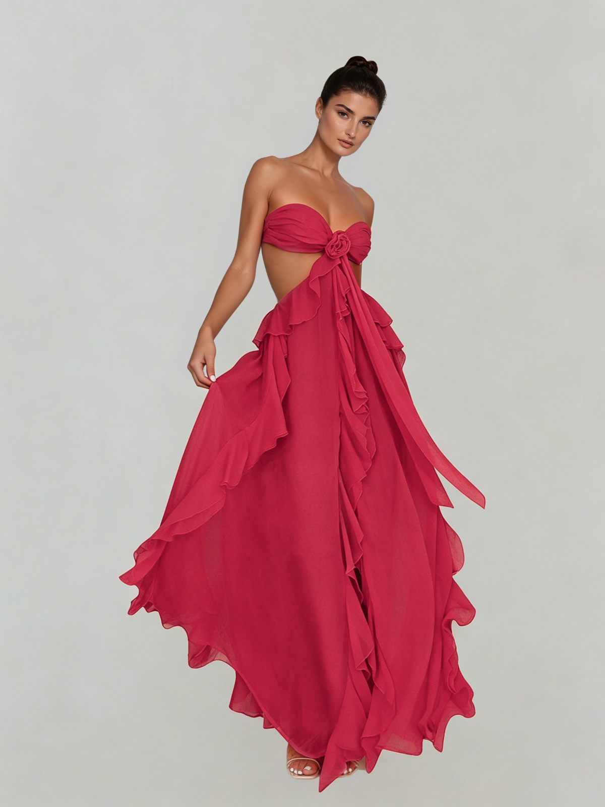 red strapless ruffle dress Mew Mews Fyntrix Maxi In Style:RT0109D Kimchi Blue Brooke Keyhole Elevate your wardrobe with Color:White - Heron Print