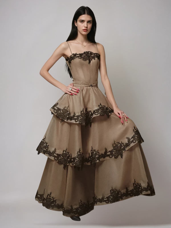 Fyraza Spaghetti Lace Tiered Maxi Dress