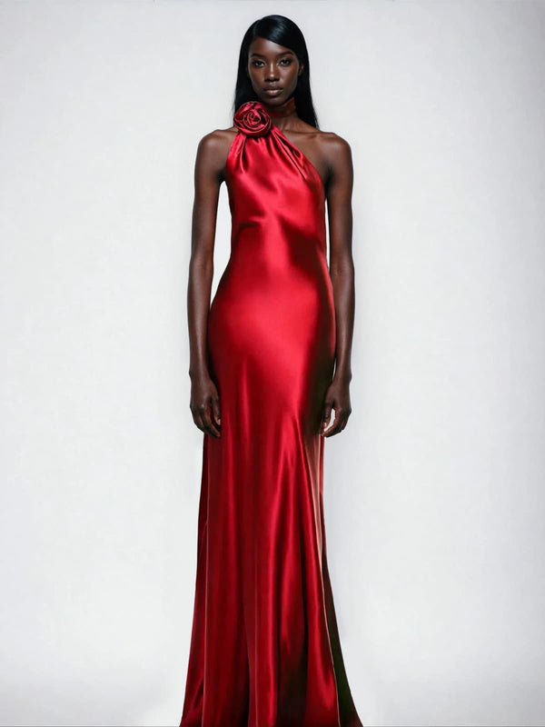 Fyria Halterneck Flower Satin Maxi Dress In Red
