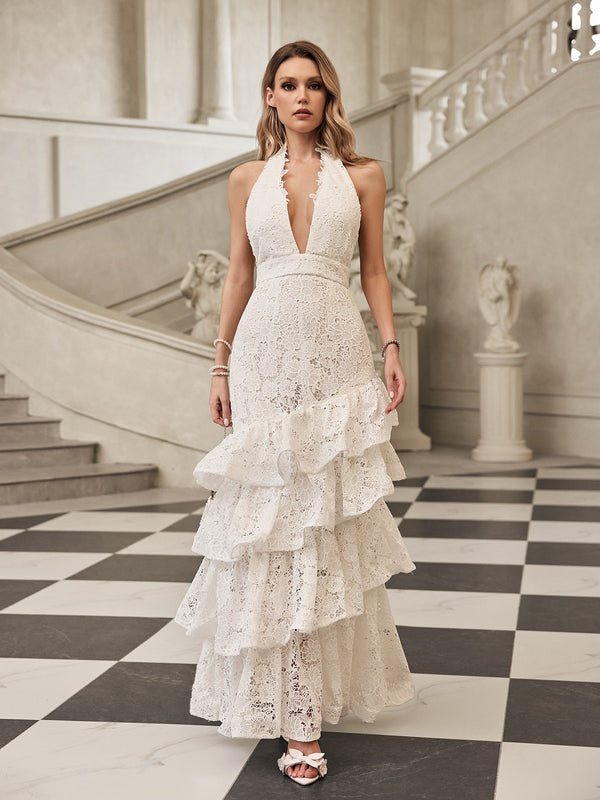 Fyrixel Halterneck Ruffle Tiered Maxi Dress