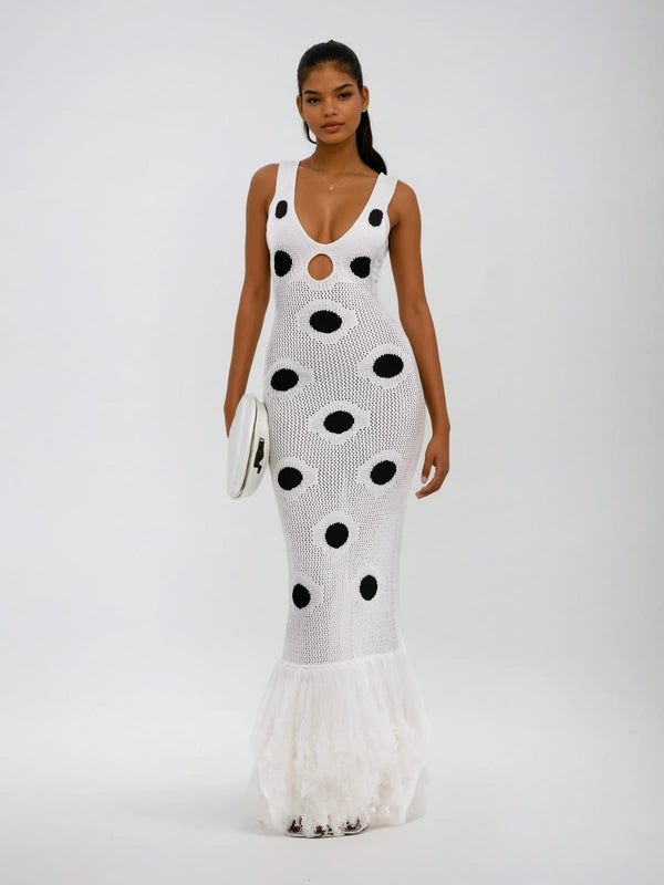 Gaelion Dot Fringe Knitted Midi Dress In White