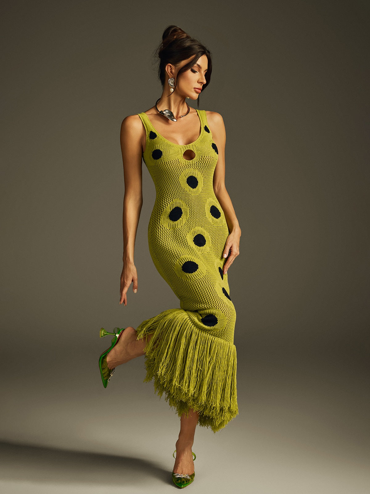 Gaelion Dot Fringe Knitted Midi Dress Mew Mews gaelion-dot-fringe-knitted-midi-dress-mew-mews