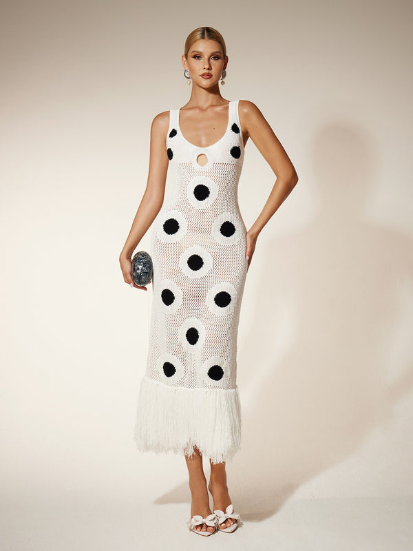 Gaelion Dot Fringe Knitted Midi Dress In White