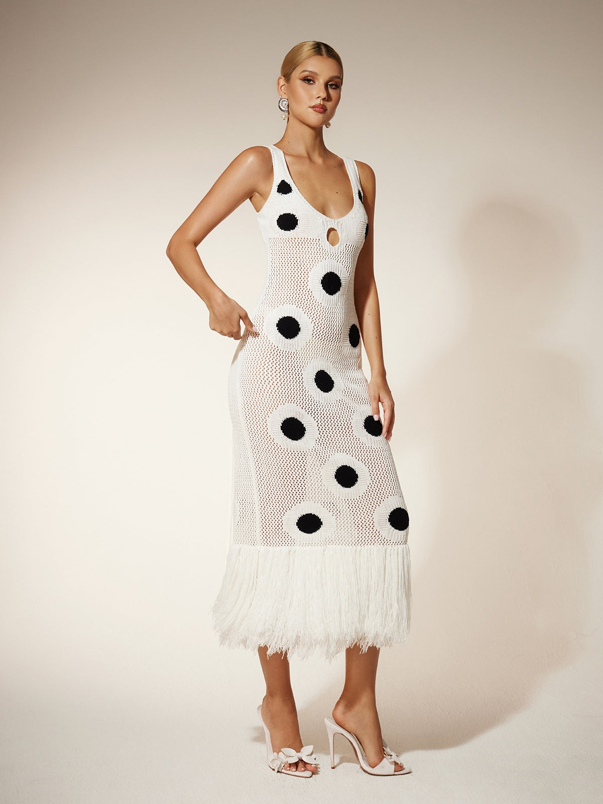 Mew Mews Gaelion Dot Fringe Knitted Midi Dress In White