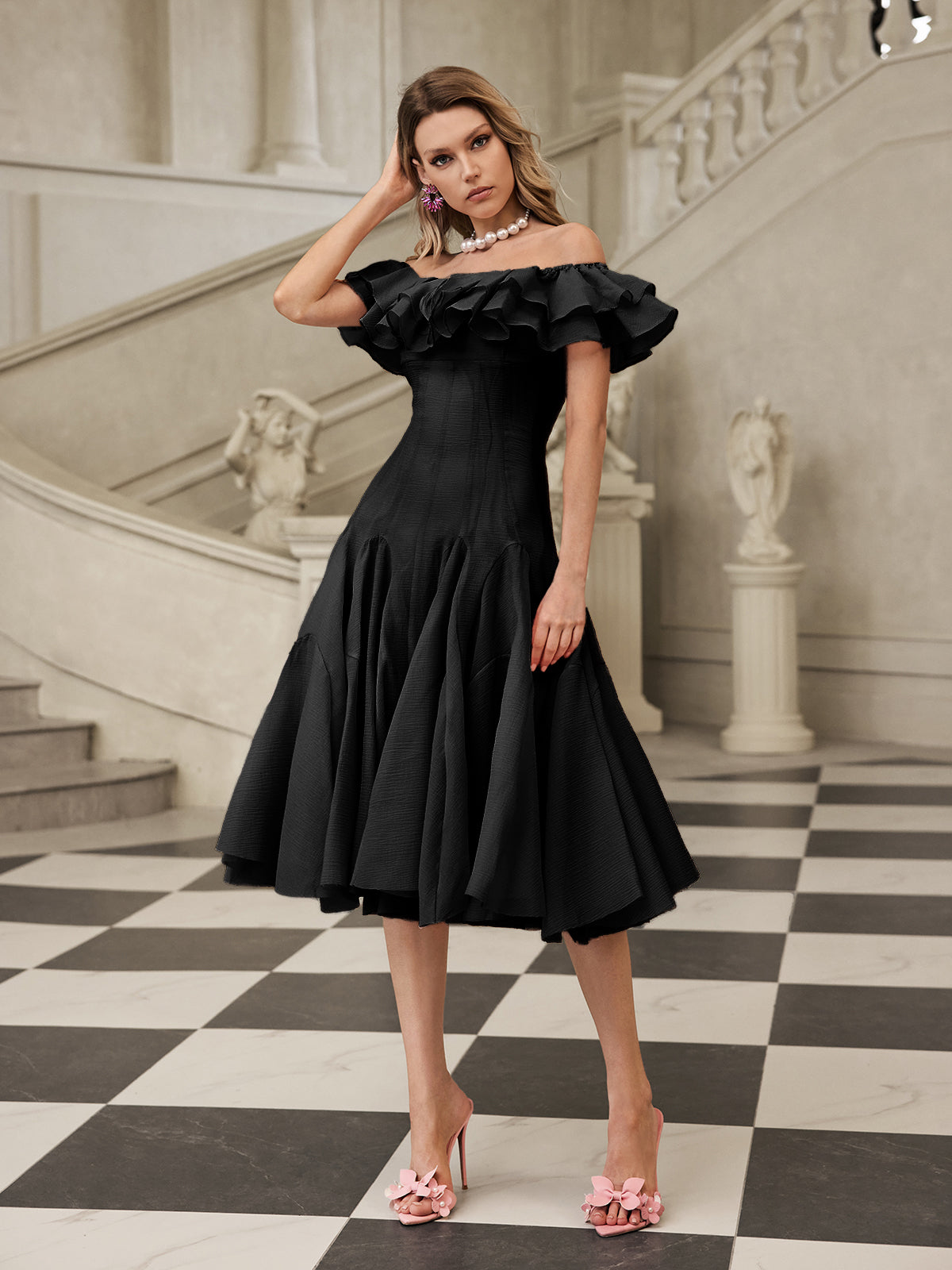 Gaelthar Off Shoulder Ruffle Midi Dress In Black – Mew Mews