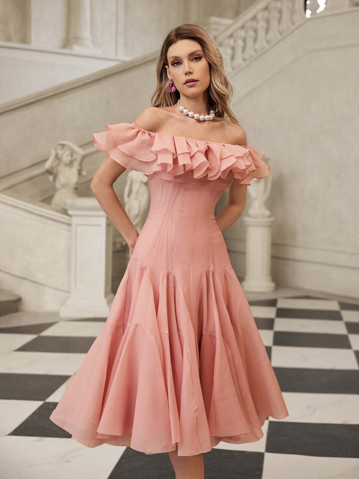 Gaelthar Off Shoulder Ruffle Midi Dress In Blush – Mew Mews