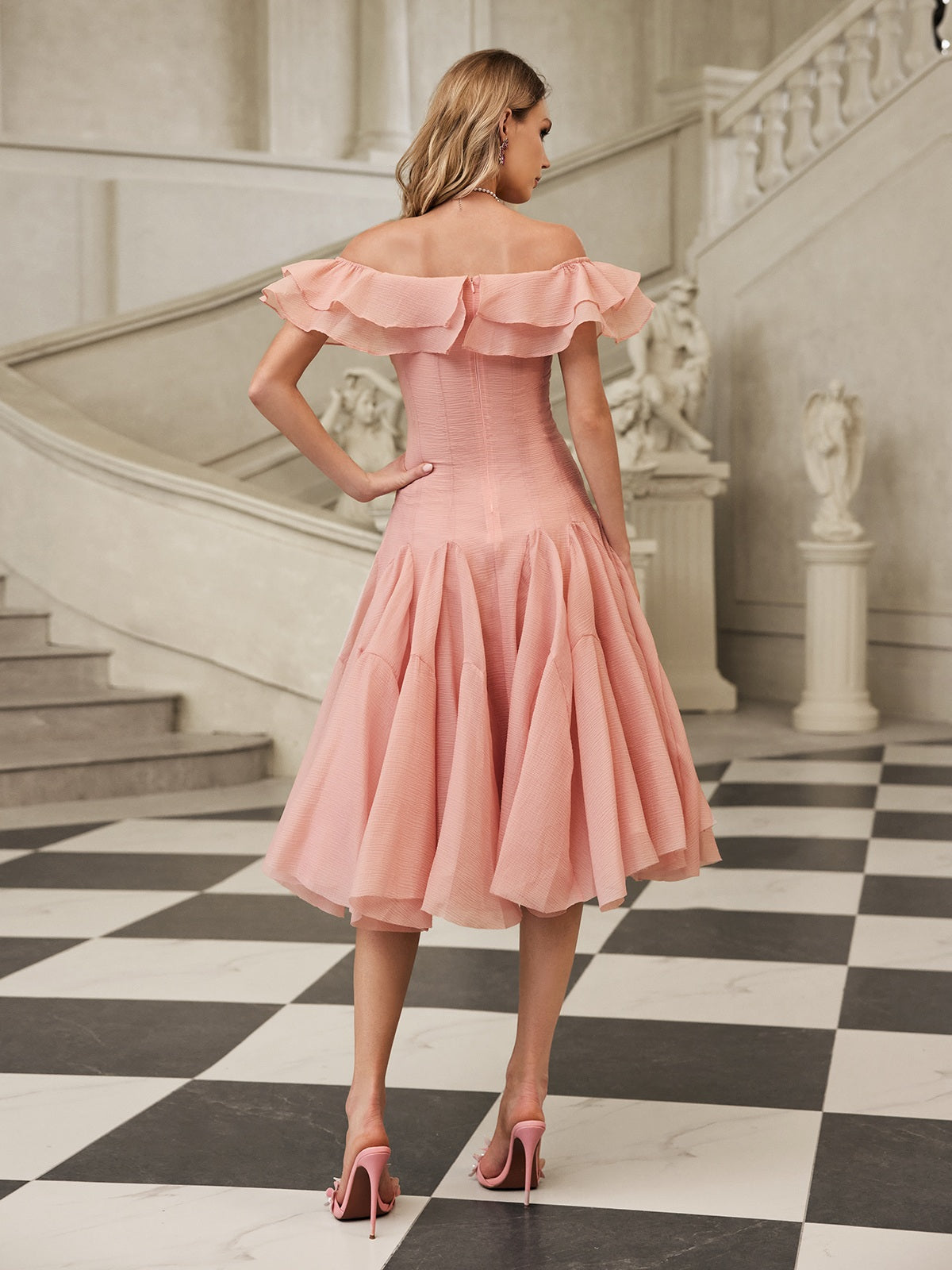 off the shoulder frill midi dress Vita Off Shoulder Ruffle Midi Dress, Pink L