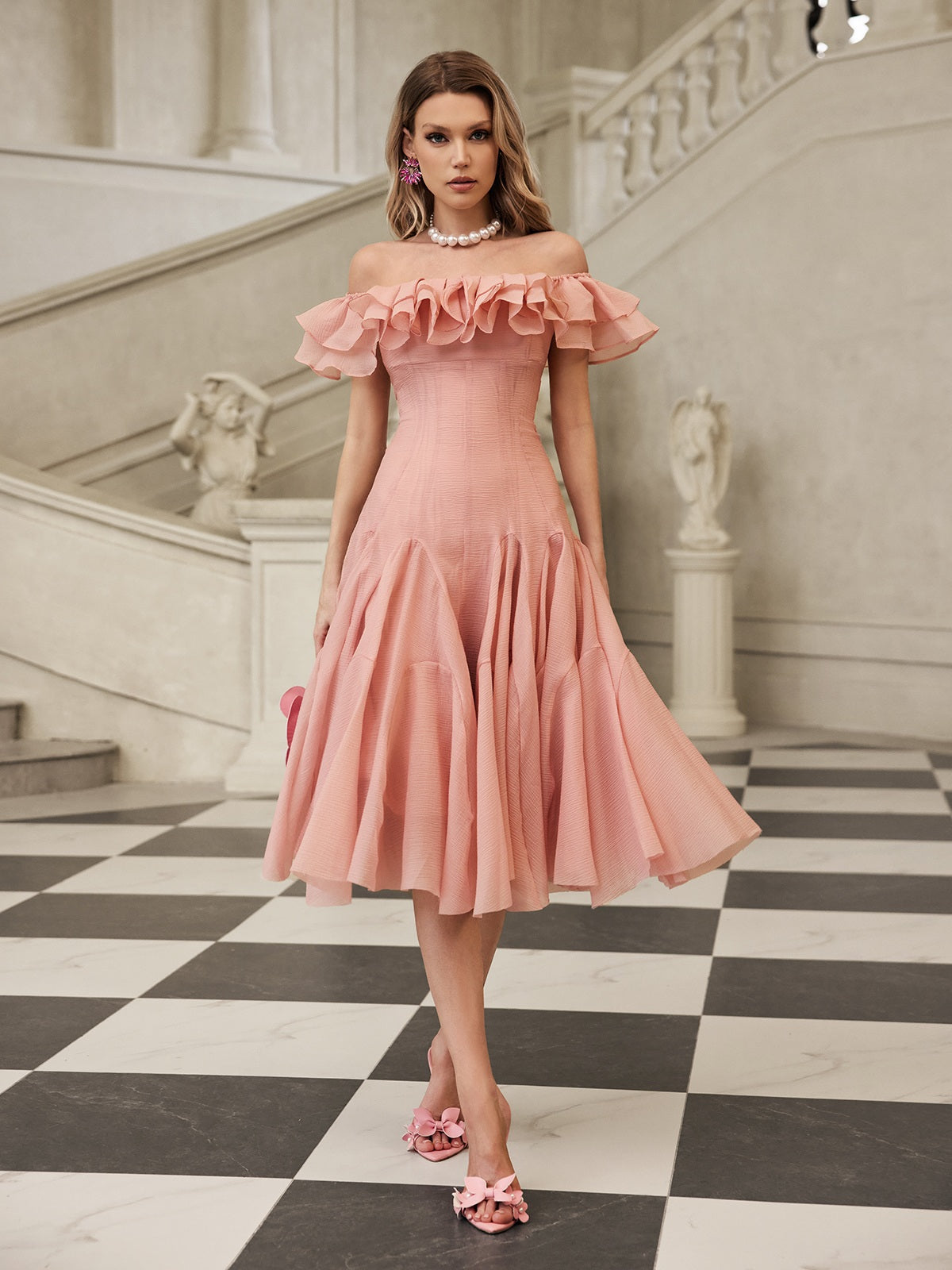 Mew Mews Gaelthar Off Shoulder Ruffle Midi Dress In Blush