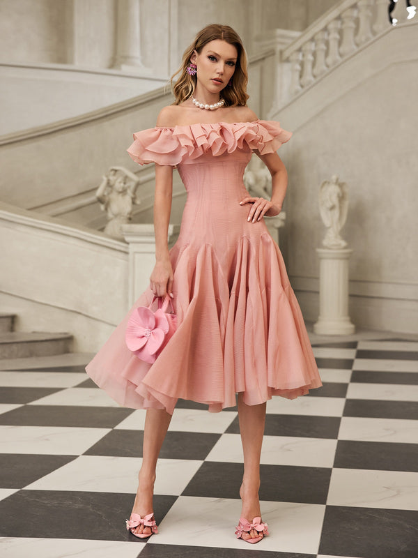 Gaelthar Off Shoulder Ruffle Midi Dress
