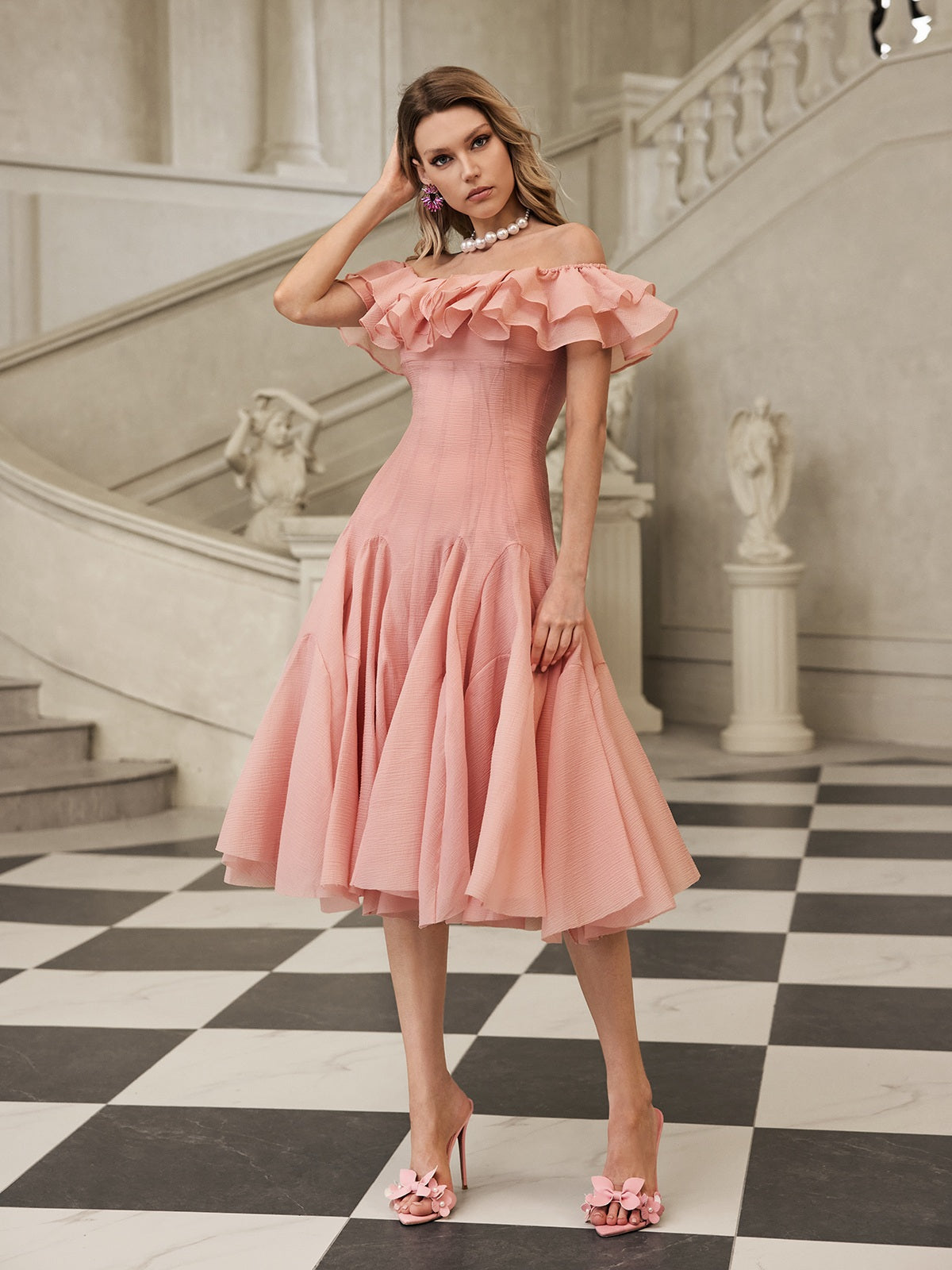 blush off the shoulder midi dress Baby Pink Prom Dress Off Shoulder Tea Length Midi Gown Blush Cocktail Dress Engagement Party Outfit Formal Pink Dress
