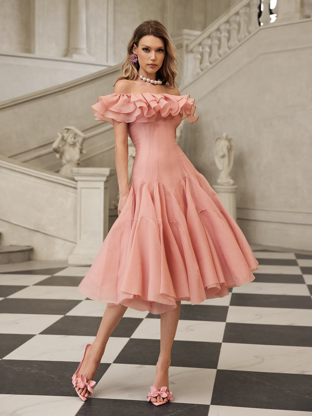 Gaelthar Off Shoulder Ruffle Midi Dress In Blush – Mew Mews