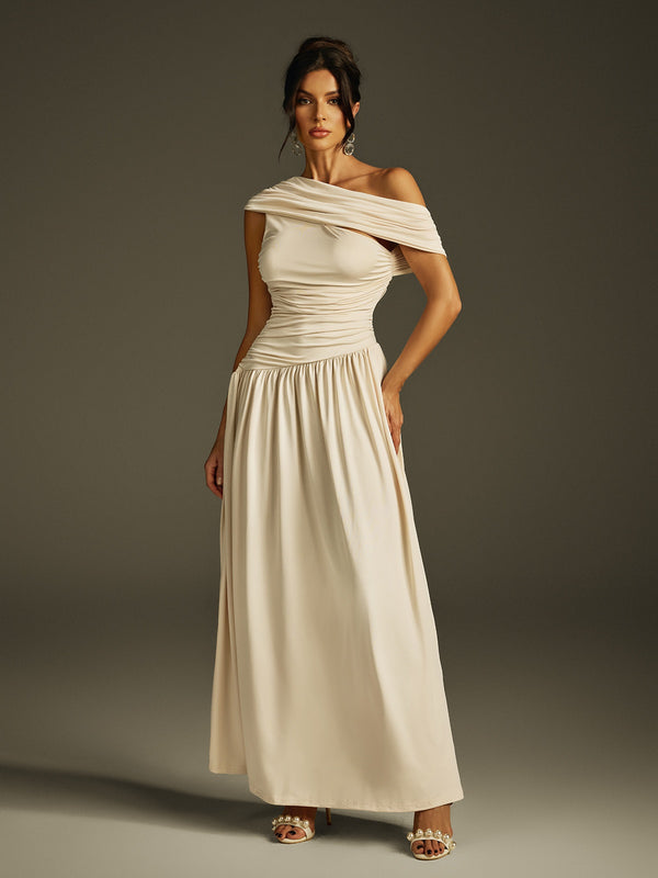 Gaelyra One Shoulder Ruched Maxi Dress In Apricot