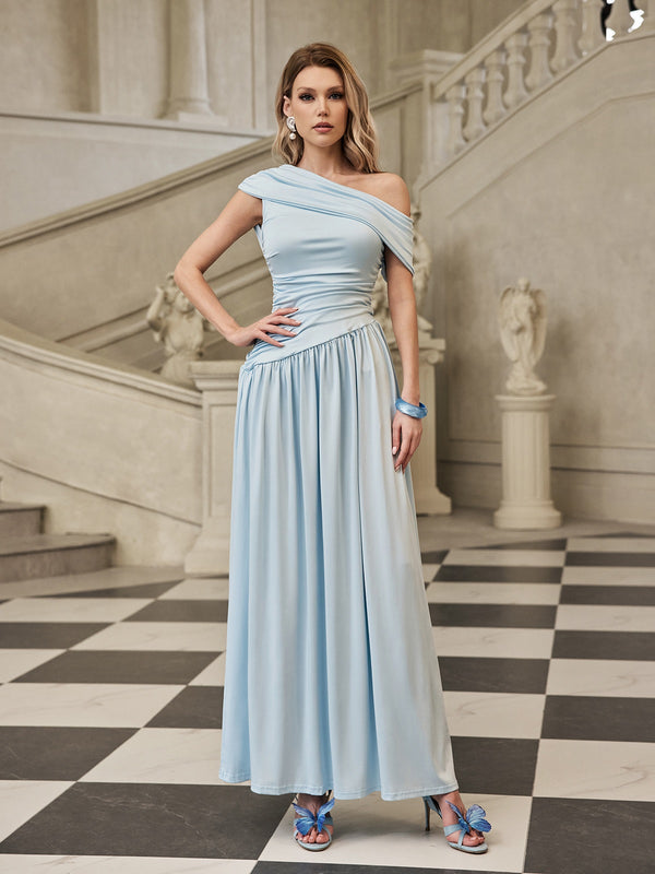 Gaelyra One Shoulder Ruched Maxi Dress In Sky