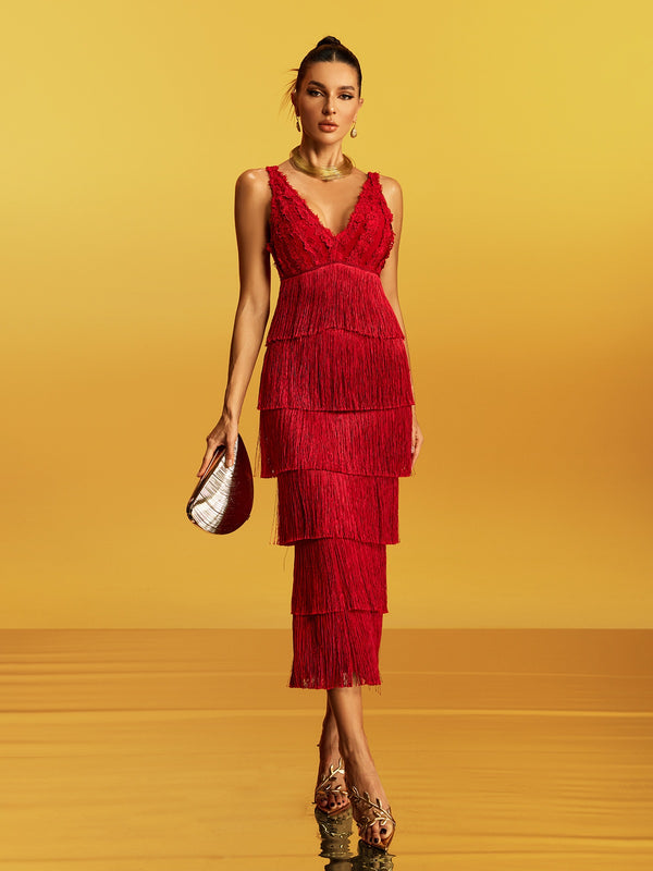 Galeon Sleeveless Lace Fringe Bandage Midi Dress