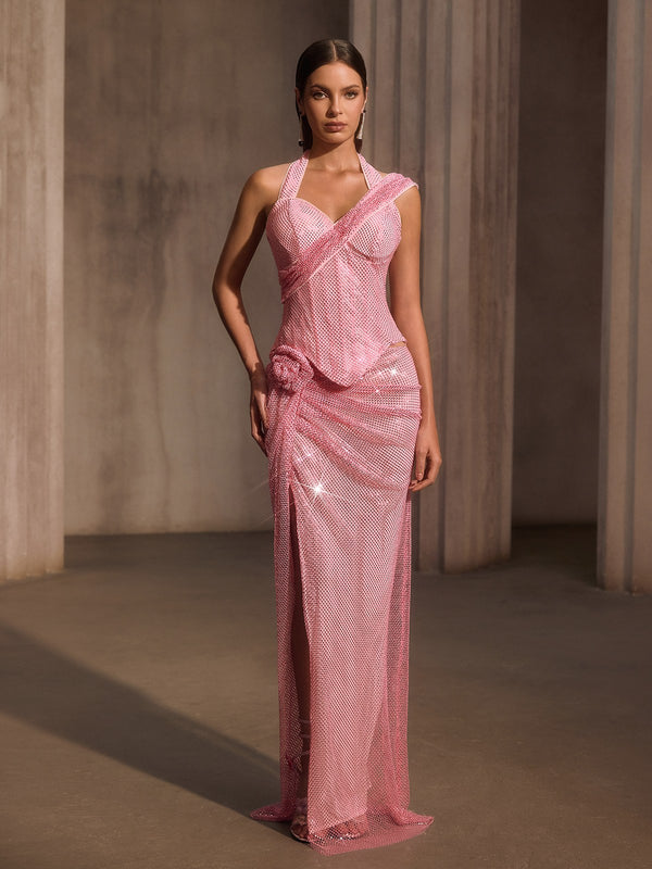 pink rhinestone mesh dress Filomena Strapless Flower Rhinestone Mesh Maxi Dress – Mew Mews