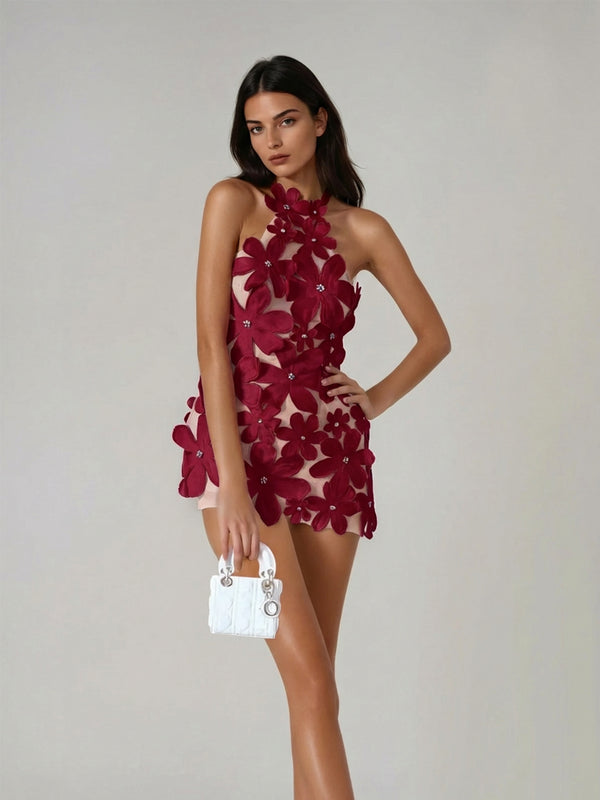 Geodar Halterneck Flower Mini Dress In Wine