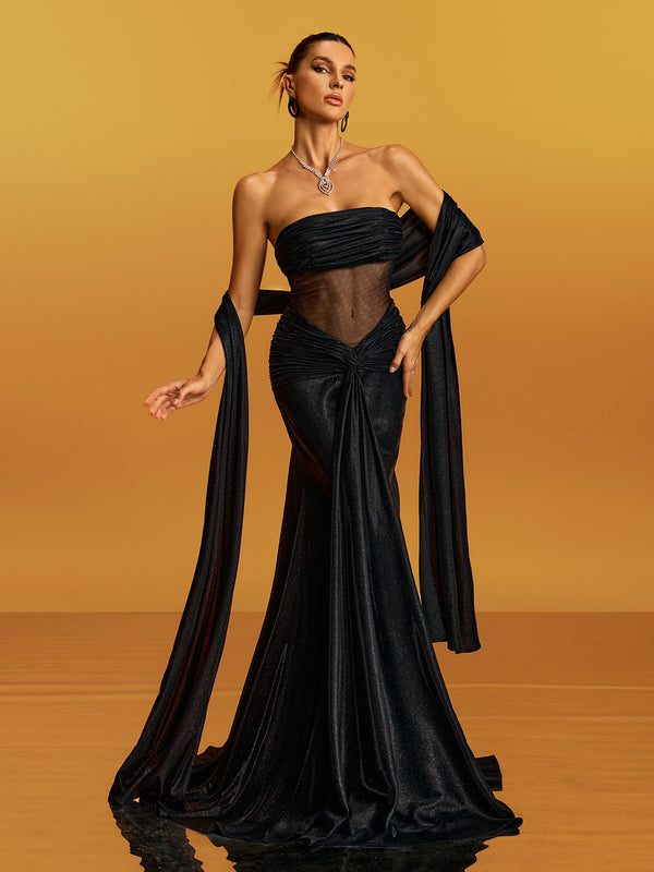 Geotron Strapless Glitter Twisted Maxi Dress