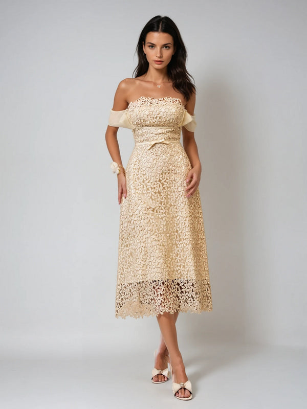Geyren Off Shoulder Embroidered Midi Dress